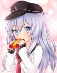  000_(jicasoe) 1girl black_hat blue_eyes blush box flat_cap gift gift_box hat hibiki_(kantai_collection) highres kantai_collection long_hair long_sleeves neckerchief red_neckerchief sailor_collar school_uniform serafuku silver_hair solo 