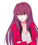  absurdres breasts cleavage fate/grand_order fate_(series) hand_on_hand highres jacket lips long_hair looking_to_the_side open_mouth purple_hair red_eyes scathach_(fate/grand_order) shirt solo white_background 