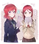  blazer blush character_name flying_sweatdrops highres hyugo jacket letter love_live! love_live!_school_idol_project love_live!_sunshine!! musical_note nishikino_maki quaver redhead sakurauchi_riko school_uniform serafuku short_hair signature skirt smile spoken_musical_note translated violet_eyes yellow_eyes 