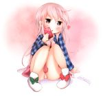  1girl bikuseno blue_shirt hata_no_kokoro heart highres long_hair open_mouth panties pink_eyes pink_hair pink_skirt plaid plaid_shirt shirt shoes skirt solo touhou underwear white_shoes 