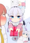  ! blue_eyes blue_hair blush bow brown_hair chocolates collared_shirt full-face_blush glasses hair_bow hair_ornament heart highres horns hug inset kanna_kamui kobayashi-san_chi_no_maidragon kobayashi_(maidragon) low_twintails necktie ponytail shirt shirt_tug tail twintails valentine 