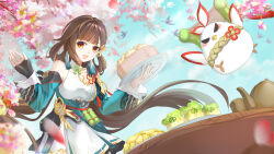  1girl absurdres black_gloves blue_sky breasts brown_eyes brown_hair cherry_blossoms chi_pao_fu_de_maotouying chinese_commentary chinese_food commentary_request dress falling_petals fingerless_gloves food gloves highres holding holding_plate honkai_(series) honkai_impact_3rd jingwei_(bird) large_breasts li_sushang li_sushang_(peregrine_sword) long_hair open_mouth petals plate single_glove sky smile steamed_bun teapot very_long_hair white_dress 