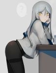  1girl ? chin_rest commentary grey_background grey_hair grey_skin kantai_collection long_hair long_sleeves looking_at_viewer no_pants panties pantyhose school_uniform serafuku shinkaisei-kan solo spoken_question_mark ta-class_battleship thighband_pantyhose underwear walzrj yellow_eyes 