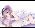  1girl :&gt; bangle bangs bead_bracelet beads black_ribbon bonnet bracelet brown_eyes closed_mouth dress euryale eyebrows_visible_through_hair fate/grand_order fate_(series) frills jewelry kiyomin letterboxed long_hair looking_at_viewer lying on_stomach purple_hair ribbon smile solo twintails wavy_hair white_dress 