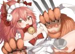  1girl animal_ears apron bell bell_collar blush breasts brown_eyes cleavage collar fangs fate/grand_order fate_(series) fox_ears fox_tail hair_ribbon k_jin knife large_breasts long_hair looking_at_viewer maid_headdress naked_apron no_panties open_mouth paws pink_hair ribbon solo tail tamamo_(fate)_(all) tamamo_cat_(fate) 