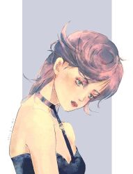  1girl black_choker black_dress blue_eyes choker cropped_torso dress gensou_getsumen_rt highres jojo_no_kimyou_na_bouken pink_hair purple_background solo strapless strapless_dress trish_una 