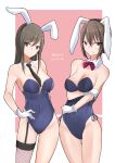  2girls absurdres animal_ears black_necktie blush bow bowtie breasts brown_eyes bunny_tail bunnysuit cleavage cowboy_shot detached_collar frown garter_straps girls_und_panzer gloves highres irukatto long_hair looking_at_viewer mika_(girls_und_panzer) multiple_girls necktie nishizumi_maho rabbit_ears red_bow red_bowtie short_hair single_thighhigh smile standing tail thigh-highs 