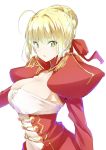  1girl ahoge bangs blonde_hair braid breasts cleavage epaulettes eyebrows_visible_through_hair fate/extra fate_(series) from_side green_eyes hair_between_eyes hair_bun hair_intakes hair_ribbon highres juliet_sleeves large_breasts long_sleeves looking_at_viewer manabebebe parted_lips puffy_sleeves red_ribbon ribbon saber_extra short_hair_with_long_locks simple_background solo upper_body white_background 