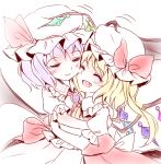  2girls :d ^_^ ascot bangs bat_wings blonde_hair blue_hair blush bow brooch closed_eyes cowboy_shot crystal fang flandre_scarlet hat hat_bow hug jewelry minust mob_cap multiple_girls open_mouth puffy_short_sleeves puffy_sleeves remilia_scarlet sash short_hair short_sleeves siblings side_ponytail sisters skirt skirt_set smile touhou wings 