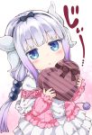  1girl bangs beads black_bow black_hairband blue_eyes blunt_bangs blush bow capelet dragon_girl dragon_horns dragon_tail dress eyebrows_visible_through_hair gift hair_beads hair_bow hair_ornament hairband holding holding_gift horns kanna_kamui kobayashi-san_chi_no_maidragon long_hair long_sleeves looking_at_viewer rioshi silver_hair simple_background solo standing tail twintails upper_body 