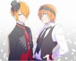  2boys ;) alternate_hairstyle armband black_necktie confetti eyebrows gradient gradient_background green_eyes hair_over_one_eye hat headband idolmaster idolmaster_side-m looking_at_viewer mini_hat mini_top_hat multiple_boys necktie nemuko_(bratboy) one_eye_closed orange_eyes orange_hair red_necktie smile top_hat tsukumo_kazuki upper_body wakazato_haruna 