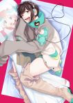  1girl dakimakura_(object) jacket letterman_jacket looking_at_viewer lying on_side one_eye_closed pillow smile tanuqn tone_rion tone_rion_(vocaloid4) v4x vocaloid yumemi_nemu 