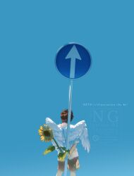  1boy aqua_background arms_behind_back back brown_hair brown_shorts english_text flower highres holding holding_flower male_focus original rido_(ridograph) shirt short_hair shorts sign simple_background solo standing sunflower watermark white_shirt white_wings wings 