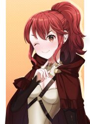  1girl anna_(fire_emblem) bird breasts cape finger_to_face fire_emblem fire_emblem_fates hair_between_eyes harness highres lilshironeko long_hair looking_at_viewer medium_breasts o-ring o-ring_harness one_eye_closed owl ponytail red_eyes red_hair smile solo 