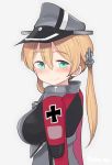 1girl ahenn aqua_eyes blonde_hair blush breasts eyebrows_visible_through_hair grey_background hair_between_eyes hat kantai_collection large_breasts long_hair long_sleeves looking_at_viewer low_twintails military military_hat military_uniform peaked_cap prinz_eugen_(kantai_collection) simple_background smile solo twintails twitter_username uniform upper_body 