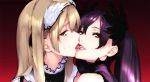  2girls bangs biting blonde_hair close-up gradient gradient_background hair_ornament kiss looking_at_viewer multiple_girls original profile purple_hair red_eyes sasaoka_gungu sweat teeth tongue twintails upper_body white_background yellow_eyes yuri 