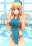  1girl atago_(kantai_collection) bare_arms bare_shoulders beret blonde_hair blue_swimsuit blurry breasts collarbone competition_swimsuit cowboy_shot depth_of_field green_eyes hair_between_eyes hat highres impossible_clothes kantai_collection large_breasts lips long_hair looking_at_viewer multicolored multicolored_clothes multicolored_swimsuit one-piece_swimsuit open_mouth soil_chopsticks swimsuit thighs 