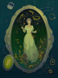  1girl absurdres barefoot blood blood_on_clothes blood_on_dress commentary detached_ears dress english_commentary flower highres jewelry jojo_no_kimyou_na_bouken parted_lips pink_hair ring sang_(3soun) short_hair solo trish_una vento_aureo white_dress 