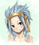  1girl bare_shoulders black_eyes blue_background blue_hair breasts cleavage collarbone fairy_tail hair_ribbon head_tilt levy_mcgarden long_hair looking_at_viewer mashima_hiro official_art portrait ribbon shiny shiny_skin small_breasts smile solo spiky_hair yellow_ribbon 