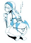  1girl ass ass_cutout barefoot blush butt_crack chains collar corset dimples_of_venus feet keyhole_panties leash long_hair looking_at_viewer monochrome original panties sasaoka_gungu simple_background solo squatting sweatdrop thigh-highs underwear white_background wings 