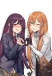  2girls :d black_gloves blush breasts brown_hair duoyuanjun girls_frontline gloves green_eyes hair_ornament hairclip heart heart_hands heart_hands_duo highres long_hair looking_at_viewer multiple_girls necktie one_eye_closed open_mouth purple_hair red_eyes same_height school_uniform simple_background skirt smile twintails white_background 