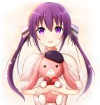  1girl bangs beret blush bow capelet fur-trimmed_capelet fur_trim gift gochuumon_wa_usagi_desu_ka? gradient gradient_background hair_between_eyes hair_bow hat heart-shaped_box holding holding_gift holding_stuffed_animal kirimoti34 long_hair looking_at_viewer open_mouth purple_hair purple_ribbon ribbon sidelocks solo sparkle stuffed_animal stuffed_toy tedeza_rize twintails two-tone_background upper_body violet_eyes white_bow 