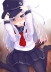  1girl black_hat black_legwear black_skirt blue_eyes blush commentary_request crying crying_with_eyes_open flat_cap gengetsu_chihiro hat hibiki_(kantai_collection) kantai_collection long_hair long_sleeves open_mouth pantyhose pleated_skirt red_neckerchief sailor_collar school_uniform serafuku silver_hair sitting skirt solo tears valentine wariza 