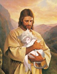 1boy 1girl 40hara :o animal_ear_fluff animal_ears bahamut731lp bare_shoulders barefoot blonde_hair carrying carrying_person cat_ears cat_girl cat_tail closed_eyes clouds crossover day facial_hair feet highres jesus kinako_(40hara) long_hair looking_at_another lost_lamb medium_hair meme mountain parody robe shirt sleeping t-shirt tail the_bible