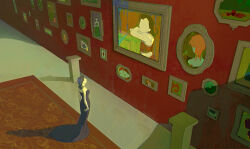  1girl absurdres bare_shoulders carpet commentary donatella_una dress from_above highres jojo_no_kimyou_na_bouken long_dress picture_frame sang_(3soun) short_hair solo trish_una vento_aureo 