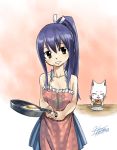  1girl apron blue_dress blue_hair breasts brown_eyes charle_(fairy_tail) cleavage closed_eyes collarbone dress fairy_tail hair_ribbon head_tilt high_ponytail holding long_hair looking_at_viewer mashima_hiro official_art omelet open_mouth pleated_dress ribbon signature sleeveless sleeveless_dress small_breasts solo very_long_hair wendy_marvell white_ribbon 