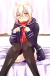  1girl :o ahoge black-framed_eyewear blonde_hair convenient_leg fate/grand_order fate_(series) fingers_together fujimori_tonkatsu glasses heroine_x heroine_x_(alter) highres jacket looking_at_viewer on_bed open_mouth plaid plaid_scarf red_scarf saber scarf school_uniform semi-rimless_glasses short_hair sitting skirt solo thigh-highs under-rim_glasses yellow_eyes 
