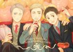  3boys ;) alcohol balloon black_hair blonde_hair blue_eyes bouquet boy_sandwich brown_eyes chocolate christophe_giacometti cup drinking_glass facial_hair flower formal green_eyes hair_slicked_back happy_birthday heart-shaped_box highres katsuki_yuuri legs_crossed male_focus multiple_boys necktie nita_(msre27) one_eye_closed open_mouth sandwiched silver_hair sitting smile suit viktor_nikiforov wine wine_glass yuri!!!_on_ice 