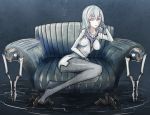  1girl black_legwear chin_rest couch glowing glowing_eyes in_water indoors kantai_collection long_hair looking_at_viewer mechanical_legs no_boots no_headwear pepii shinkaisei-kan silver_hair sitting solo thigh-highs violet_eyes wo-class_aircraft_carrier 