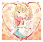 1girl alice_margatroid arnest blonde_hair blue_eyes capelet looking_at_viewer one_eye_closed short_hair solo touhou valentine 