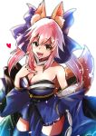  1girl :3 absurdres animal_ears artist_request blue_legwear bow breasts cleavage collarbone detached_sleeves fang fate/extra fate_(series) fox_ears fox_tail hair_bow hair_ribbon heart highres japanese_clothes large_breasts looking_at_viewer pink_hair ribbon simple_background solo tail tamamo_(fate)_(all) tamamo_no_mae_(fate) white_background yellow_eyes 
