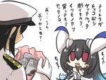  1boy 1girl admiral_(kantai_collection) anchorage_water_oni bag black_hair blue_hair blush_stickers chibi chocolate comic commentary_request dress eating epaulettes gloves gomasamune hat highres horns kantai_collection military military_hat military_uniform multicolored_hair open_mouth peaked_cap red_eyes sleeveless sleeveless_dress translation_request uniform valentine white_background white_dress 