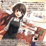 4girls :d akagi_(kantai_collection) alternate_costume apron black_hair blue_hakama brown_eyes cafe coffee commentary_request dated hakama japanese_clothes kaga_(kantai_collection) kantai_collection kashima_(kantai_collection) kirisawa_juuzou long_hair mogami_(kantai_collection) multiple_girls muneate nontraditional_miko numbered open_mouth shirt short_hair side_ponytail silver_hair smile tasuki traditional_media translation_request twitter_username two_side_up white_shirt 