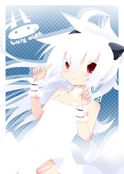  1girl blush bottomless dress horns long_hair no_panties original pointy_ears red_eyes reku shiroko_(reku) solo very_long_hair white_hair wind_lift wrist_cuffs 