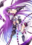 1girl armor armpit_peek belt breastplate fate/grand_order fate_(series) gloves grimjin headband highres hip_armor holding holding_weapon kusarigama leotard long_hair medusa_(lancer)_(fate) pauldrons purple_gloves purple_hair purple_legwear rider sickle solo thigh-highs very_long_hair violet_eyes weapon 