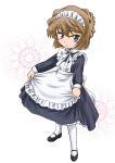  1girl alternate_costume apron bangs black_shoes blue_dress blue_eyes blush brown_hair dress enmaided full_body haibara_ai highres long_sleeves looking_at_viewer maid maid_apron maid_headdress mary_janes meitantei_conan pantyhose parted_lips ribbon shoes short_hair skirt_hold solo standing wanyan_aguda white_background white_legwear white_ribbon 