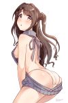  1girl :o artist_name ass back backless_outfit bangs bare_back bare_shoulders blush breasts brown_eyes brown_hair cowboy_shot drawstring dress eyebrows_visible_through_hair from_behind gradient gradient_eyes grey_dress grey_sweater hair_intakes half_updo halterneck highres idolmaster idolmaster_cinderella_girls leaning_forward long_hair looking_at_viewer looking_back medium_breasts meme_attire multicolored multicolored_eyes no_bra one_side_up open-back_dress open_mouth panties ribbed_sweater shimamura_uzuki shirosaba47 sideboob simple_background sleeveless sleeveless_turtleneck solo sweater sweater_dress turtleneck turtleneck_sweater underwear violet_eyes virgin_killer_sweater white_background white_panties 