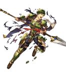  1boy abel_(fire_emblem) armor fingerless_gloves fire_emblem fire_emblem:_mystery_of_the_emblem fire_emblem_heroes full_body gloves green_eyes green_hair highres injury male_focus official_art open_mouth polearm solo spear teeth transparent_background weapon 