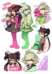  +_+ 2girls alternate_hairstyle aori_(splatoon) bandanna black_hair black_shirt black_skirt brown_eyes casual closed_eyes closed_mouth cousins domino_mask earrings english food green_hairband green_shirt green_skirt grey_hair hair_down hands_in_pockets hat holding holding_food hotaru_(splatoon) hug hug_from_behind ice_cream_cone jacket jewelry layered_clothing light_smile long_hair mask miniskirt multiple_girls one_eye_closed open_mouth pleated_skirt pointy_ears purple_jacket shirt short_hair short_over_long_sleeves sitting skirt smile splatoon squid sunglasses t-shirt tentacle_hair wong_ying_chee 