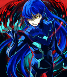  1boy absurdly_long_hair androgynous arm_up blue_bodysuit blue_hair bodysuit clenched_hand closed_mouth commentary_request eyelashes facial_mark highres kaosuwaruta long_hair long_sleeves looking_ahead male_focus protagonist_(smtv) sanpaku shin_megami_tensei shin_megami_tensei_v solo standing very_long_hair yellow_eyes 
