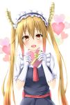  1girl blonde_hair blush box dragon_girl dragon_horns gift gift_box gloves heart horns kobayashi-san_chi_no_maidragon long_hair maid maid_headdress open_mouth red_eyes slit_pupils smile solo tia_yu tooru_(maidragon) twintails valentine white_gloves 