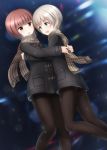  2girls :d bangs black_legwear blue_eyes blunt_bangs blurry blush bokeh brown_eyes brown_hair brown_scarf depth_of_field duffel_coat dutch_angle eyebrows_visible_through_hair fringe highres hug kantai_collection looking_at_another multiple_girls open_mouth pantyhose plaid plaid_scarf sana_(sauber0531) scarf short_hair silver_hair smile z1_leberecht_maass_(kantai_collection) z3_max_schultz_(kantai_collection) 