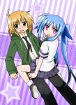  1boy 1girl ahoge black_pants blonde_hair blue_hair flush green_coat green_eyes jiang-ge lyrical_nanoha mahou_shoujo_lyrical_nanoha mahou_shoujo_lyrical_nanoha_a&#039;s mahou_shoujo_lyrical_nanoha_a&#039;s_portable:_the_gears_of_destiny material-l miniskirt mount necktie pants shirt skirt violet_eyes yuuno_scrya 