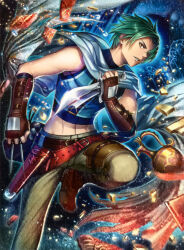  1boy boots brown_boots clenched_hand dagger fingerless_gloves fire_emblem fire_emblem:_radiant_dawn fire_emblem_cipher gloves green_hair green_vest hair_over_one_eye highres holding holding_dagger holding_knife holding_weapon kh_kyo_hibiki knife leg_up looking_at_viewer official_art scan short_hair sleeveless sleeveless_vest solo sothe_(fire_emblem) third-party_source vest weapon yellow_eyes 
