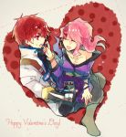  1boy 1girl axel_almer bare_shoulders chocolate heart jacket lemon_browning nunuko_(mu661129) pink_hair red_eyes smile super_robot_wars super_robot_wars_original_generation 