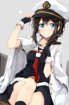  black_hair blue_eyes blush cap kantai_collection long_hair personification shigure_(kantai_collection) smile uniform 